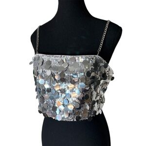 CIDER Metallic Sequin Party Crop Cami Top Chain Straps Shiny Sparkly Party Large